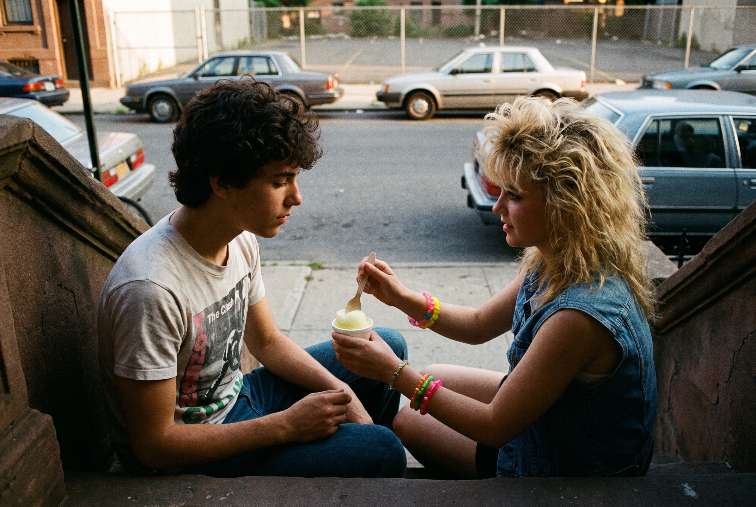 A teenage boy in a Clash t-shirt and a blonde girl in double denim sit close on a Brooklyn brownstone stoop in golden light, sharing a paper cup of lemon ice with a small wooden spoon, 1980s sedans parked along the street.