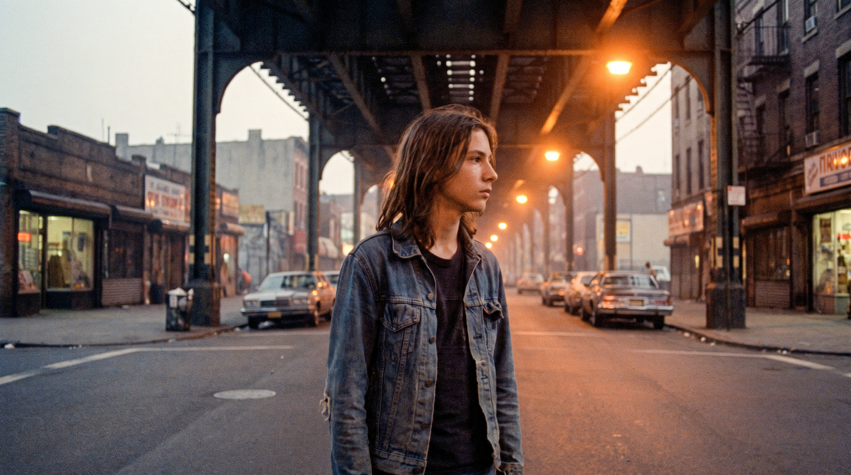 A long-haired teenage boy stands in the middle of an empty street beneath the elevated train tracks at dusk, storefronts and streetlamps receding down the block.