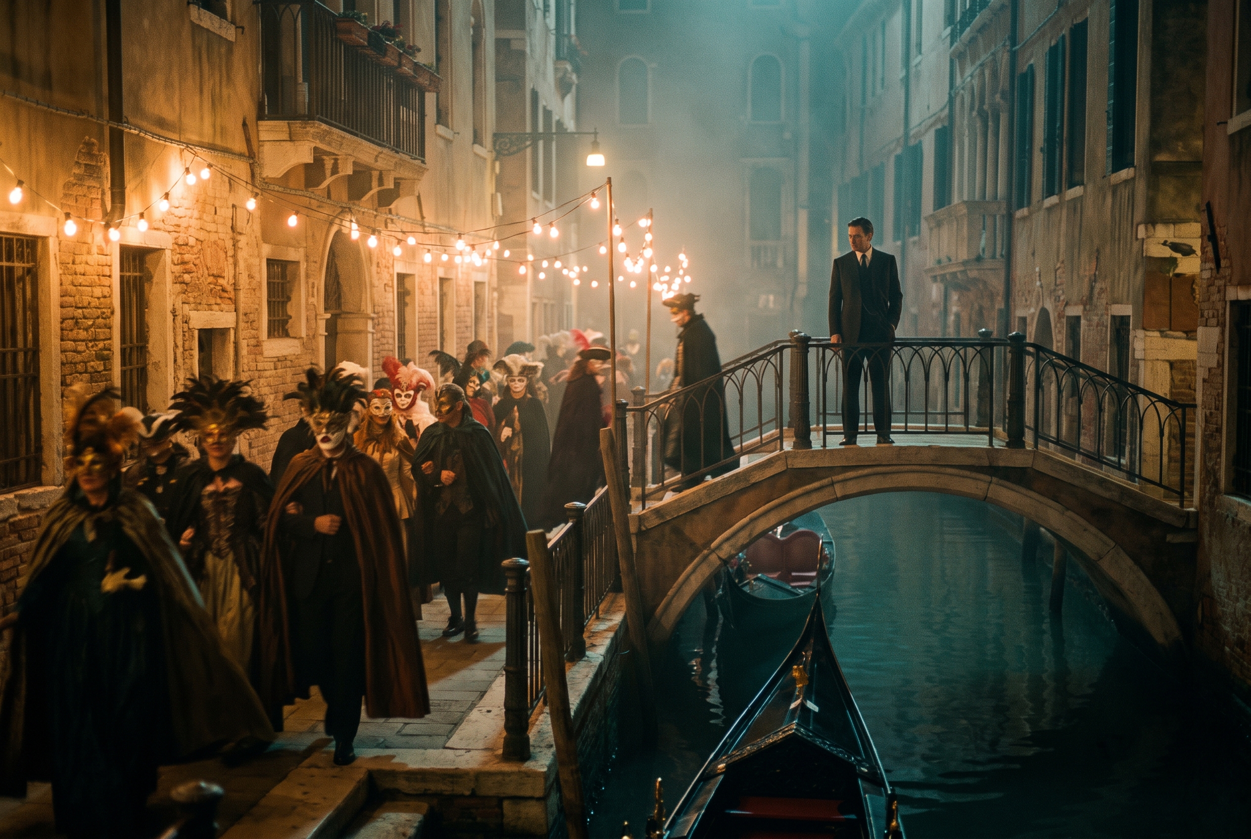 A man in a dark suit stands alone on an arched Venetian canal bridge at night watching a masked Carnevale procession file along the fondamenta below, strings of warm lights over the water and a gondola moored beneath.