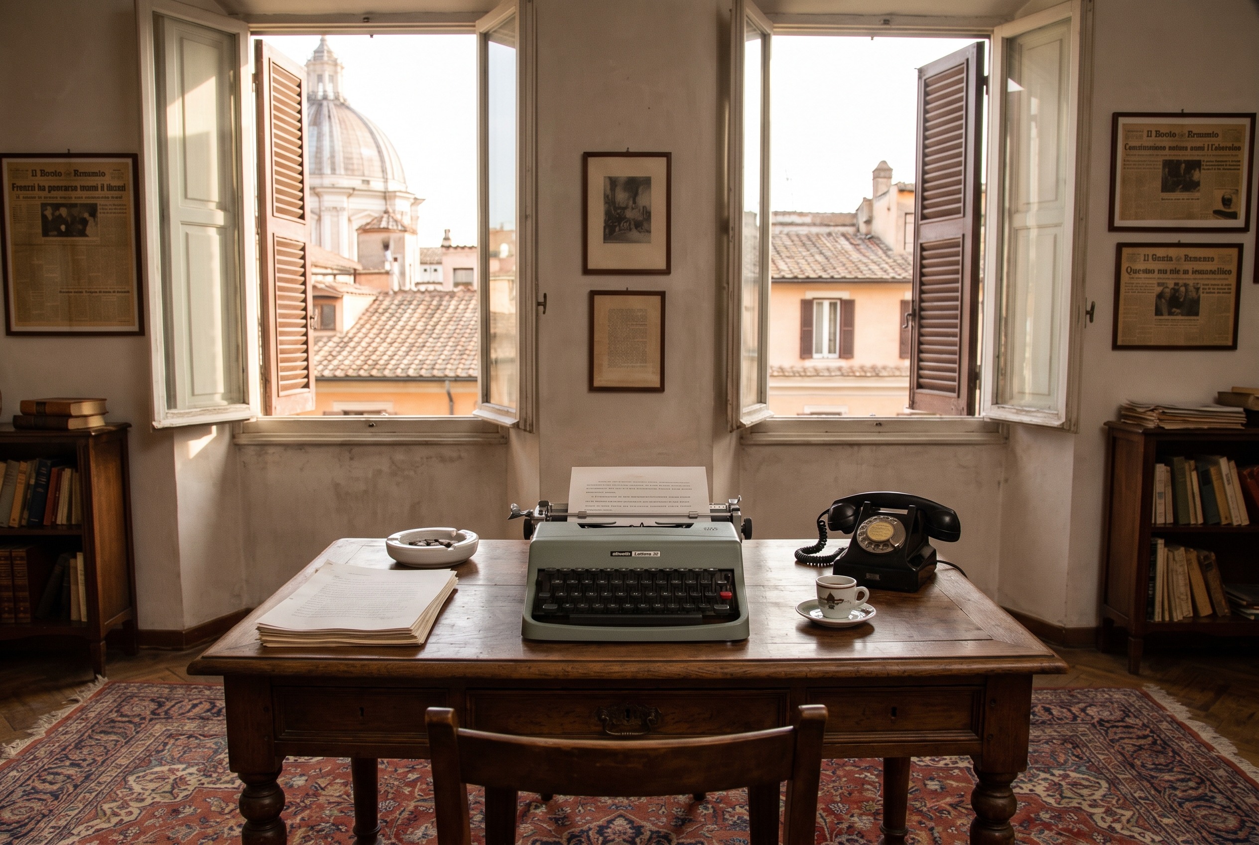A level, sunlit writer's room in Rome, tall shuttered windows, a 1964 Olivetti typewriter square on the desk with manuscript pages in order. A development frame.