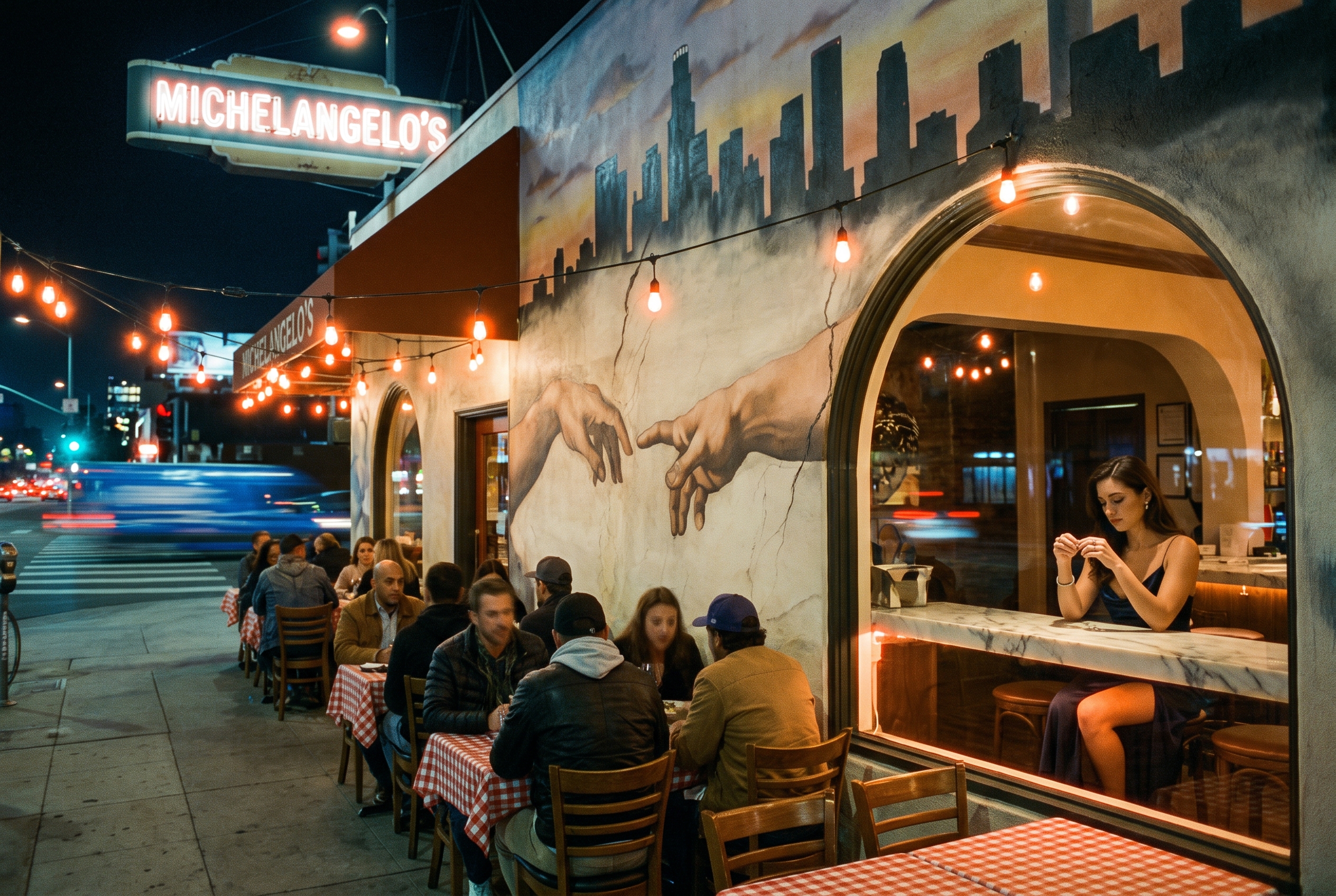 The neon sign of Michelangelo's glows over a Los Angeles sidewalk at night, diners at red-checked tables beneath a mural of the Creation of Adam, a woman in a slip dress alone at the marble window bar.