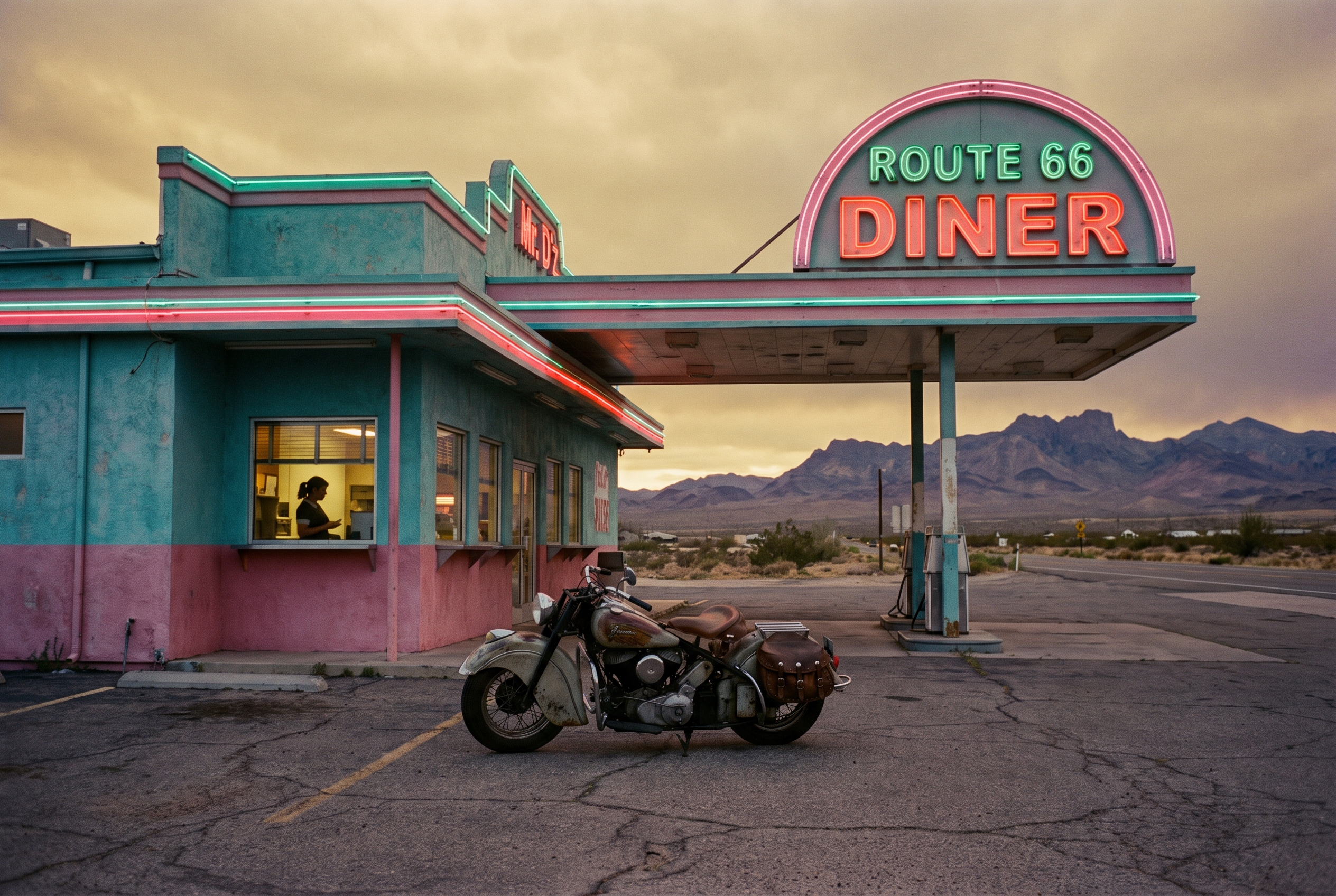 A vintage Indian motorcycle parked outside Mr. D'z Route 66 Diner at dusk, pink-and-teal neon lit against desert mountains, a waitress visible through the lit service window.