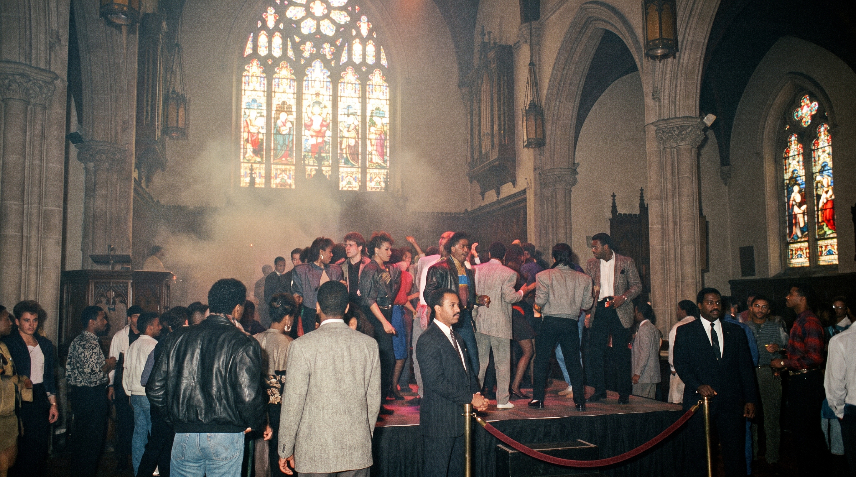 A crowded 1980s nightclub set inside a deconsecrated Gothic church, dancers on a low stage beneath a tall stained-glass window with haze in the air and a bouncer standing by a velvet rope.