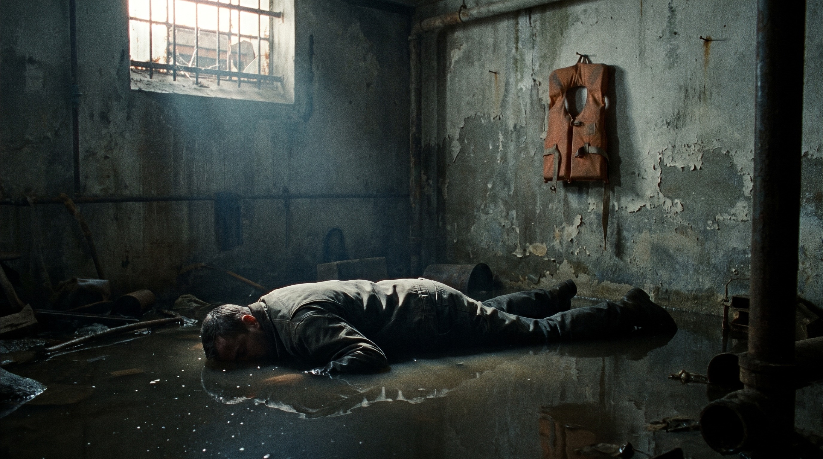 A condemned basement flooding with a foot of harbor water at dawn, a man face down in the shallow water, a dry life vest hanging on a nail just out of reach. A development frame.