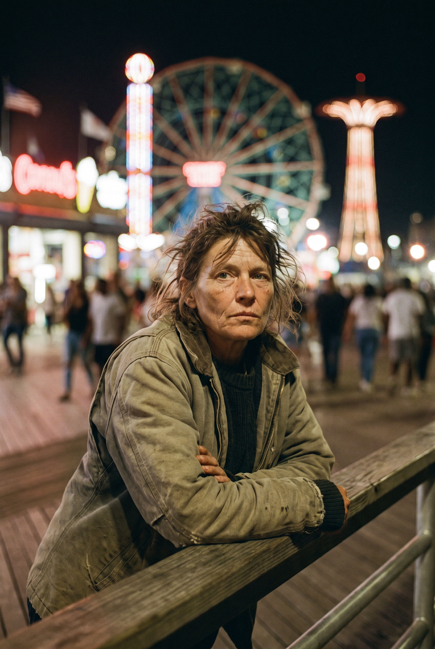 A weathered middle-aged woman in a canvas jacket leans on the Coney Island boardwalk railing at night, the illuminated Wonder Wheel and Parachute Jump glowing behind her among the crowd.