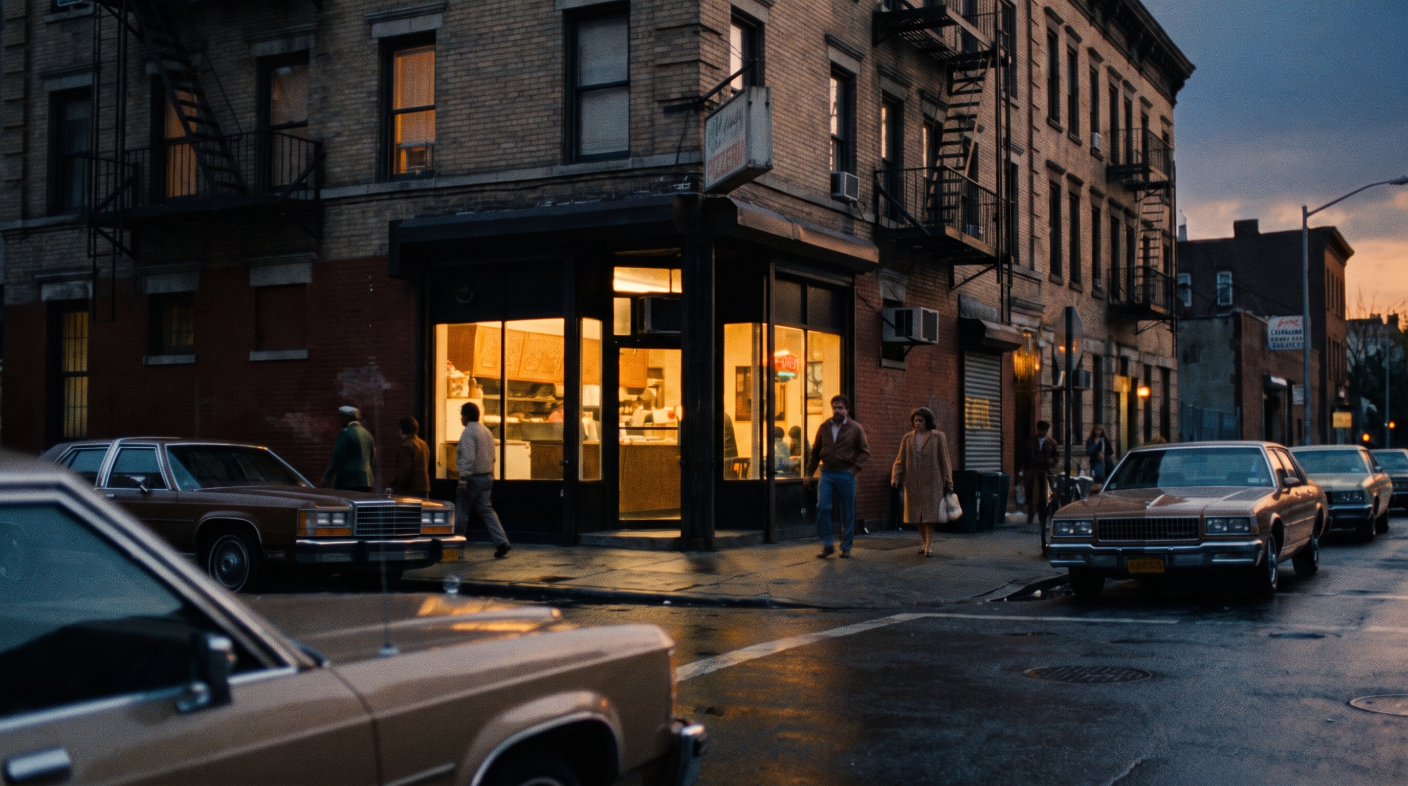 A corner pizzeria glowing warm at dusk on a 1980s Brooklyn street, a few people passing on the wet sidewalk and period sedans parked at the curb.