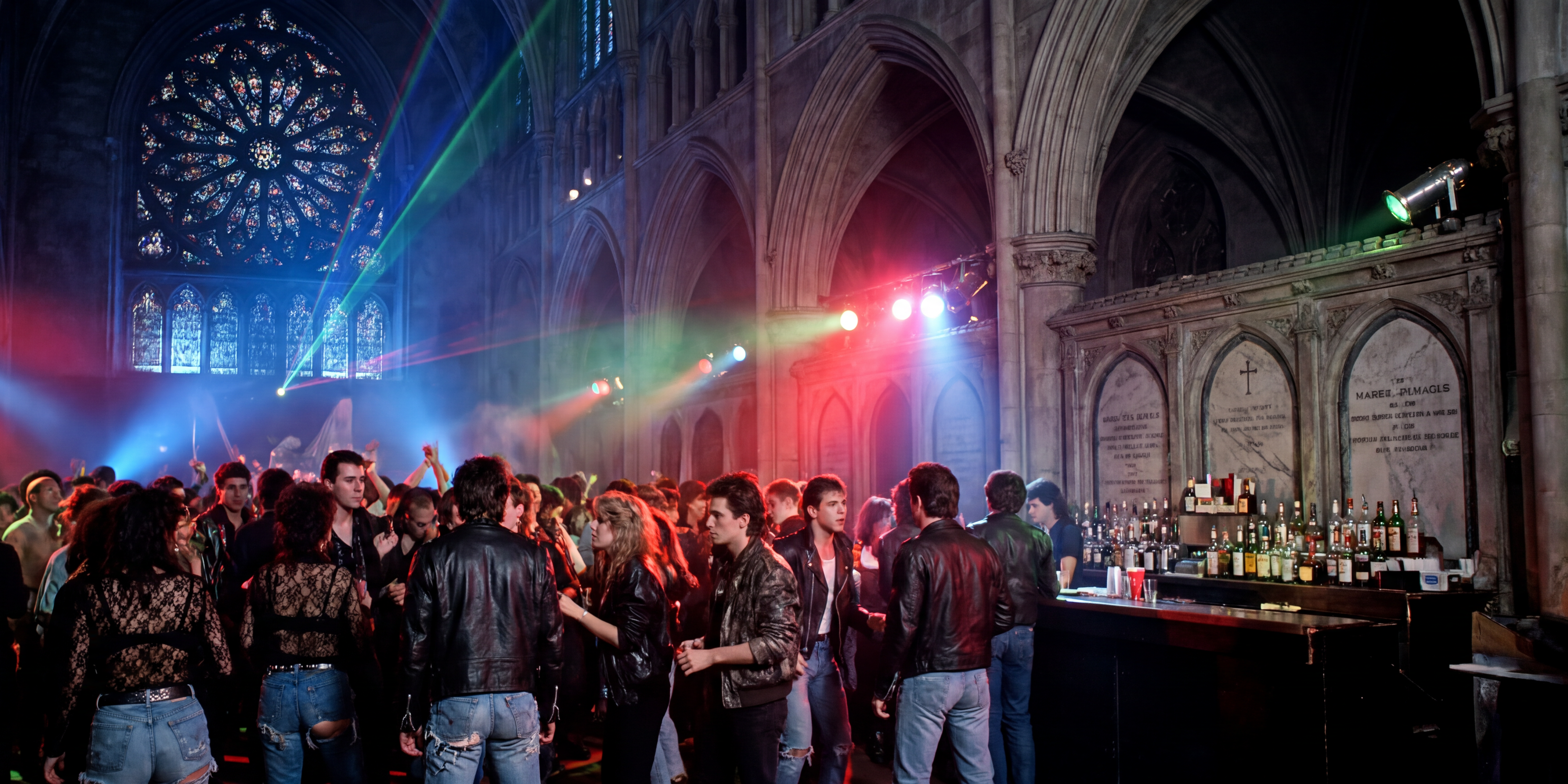 A crowded 1980s nightclub set inside a deconsecrated Gothic church, dancers on a low stage beneath a tall stained-glass window with haze in the air and a bouncer standing by a velvet rope.