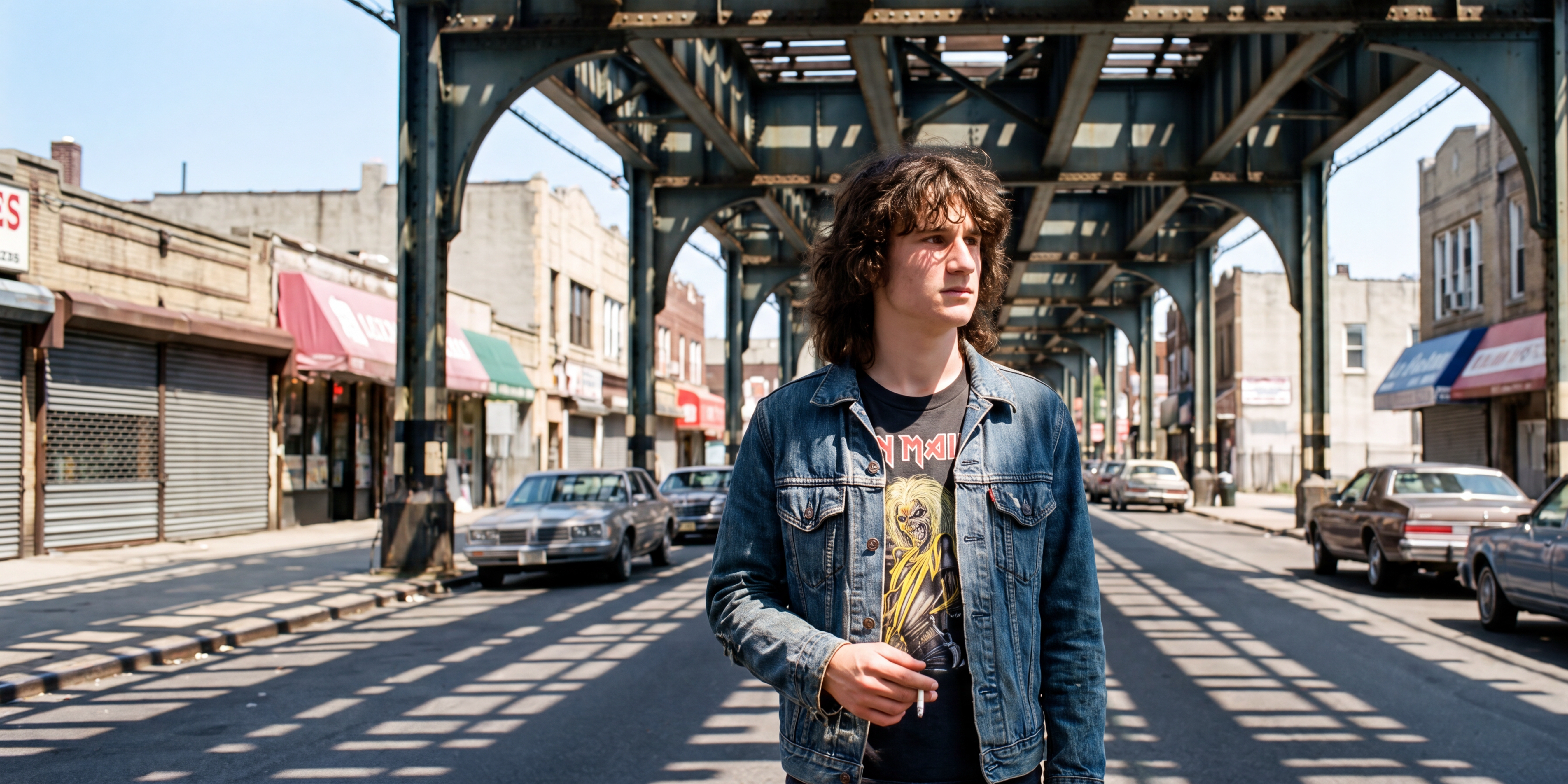A long-haired teenage boy stands in the middle of an empty street beneath the elevated train tracks at dusk, storefronts and streetlamps receding down the block.