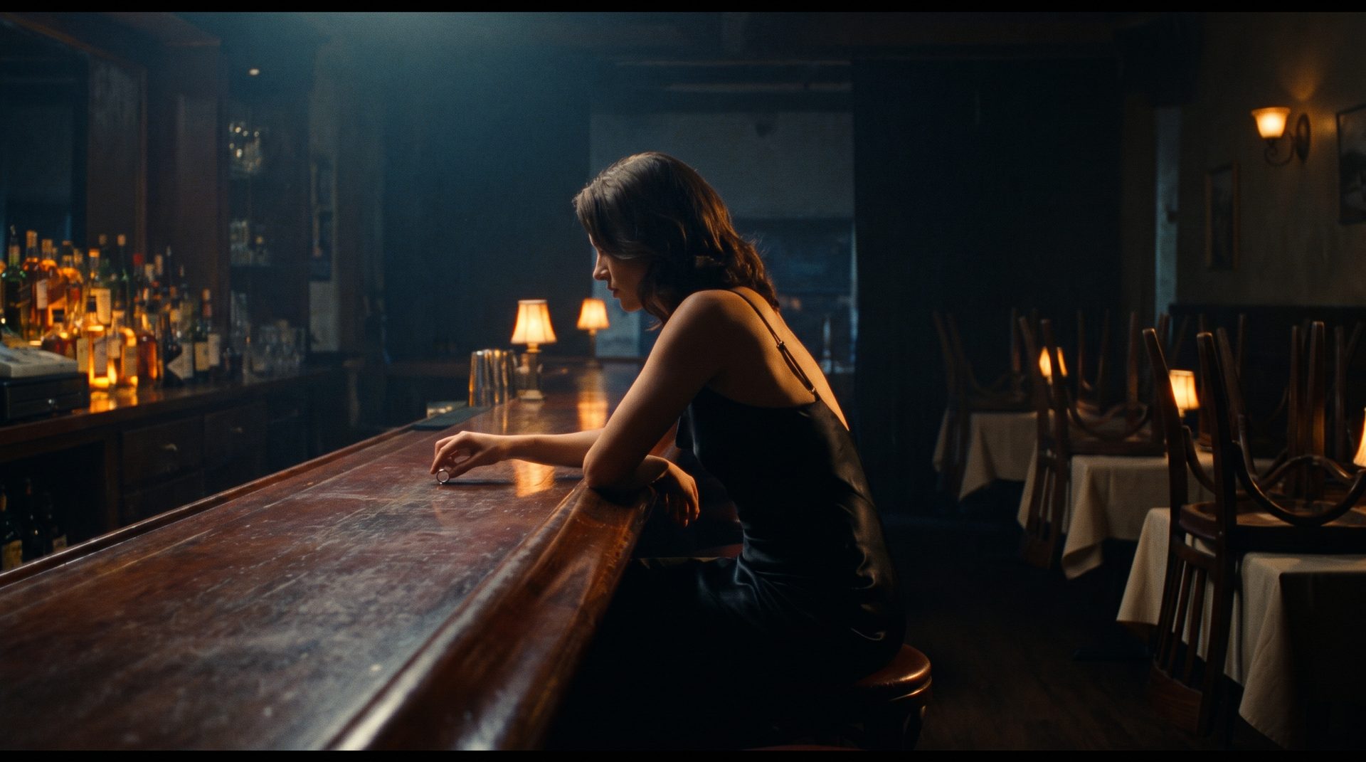 A late-night Italian restaurant bar at 2 AM, a woman alone at the bar rolling a silver ring. A development frame from L.A. Dolce Vita.