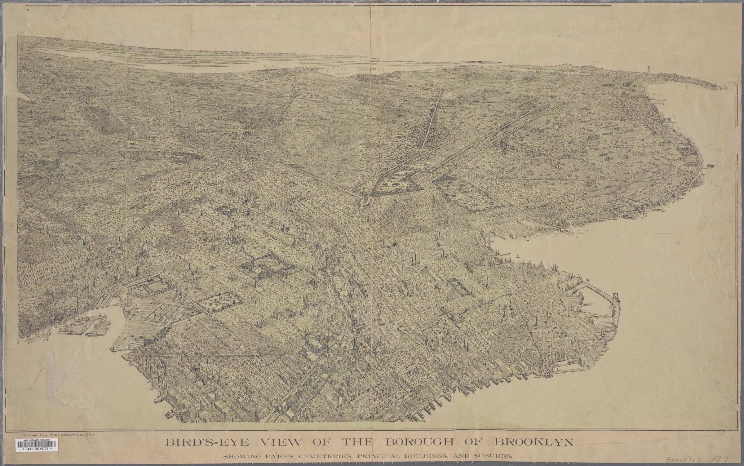 An 1897 bird's-eye view map of the borough of Brooklyn, drawn for the Brooklyn Daily Eagle.