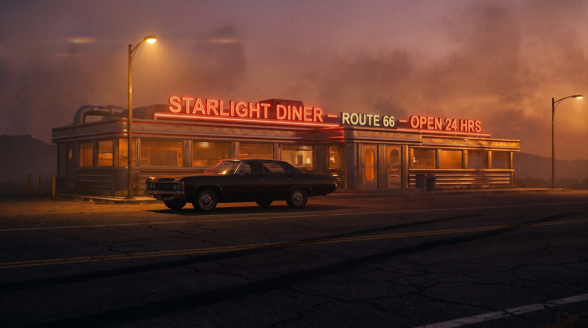 A lone neon-lit diner at dusk on Route 66, smog-gold sky. A development frame from L.A. Dolce Vita.