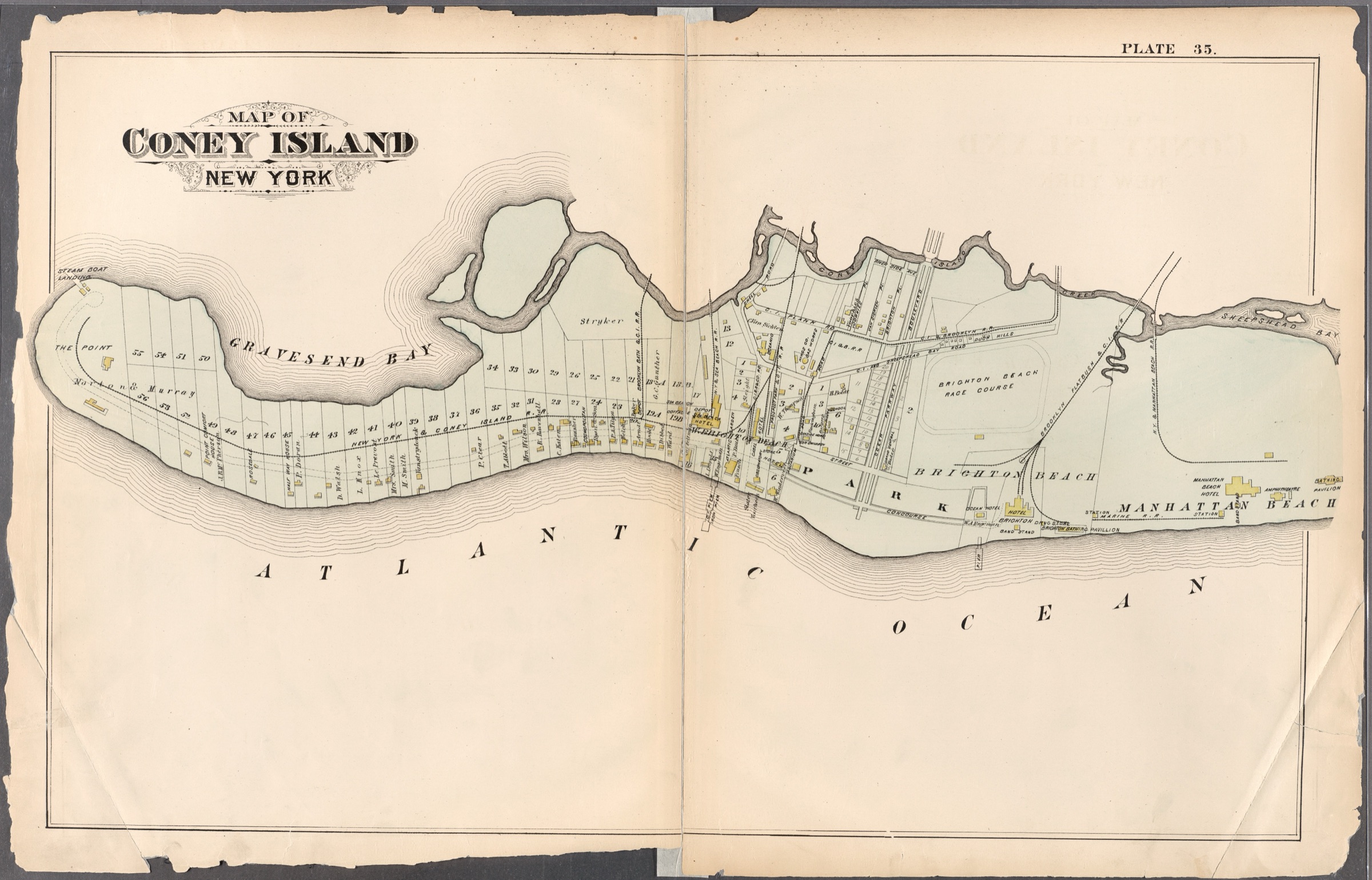 An 1880 Bromley real-estate atlas plate of Gravesend and the Coney Island peninsula, hand-lithographed lot lines.