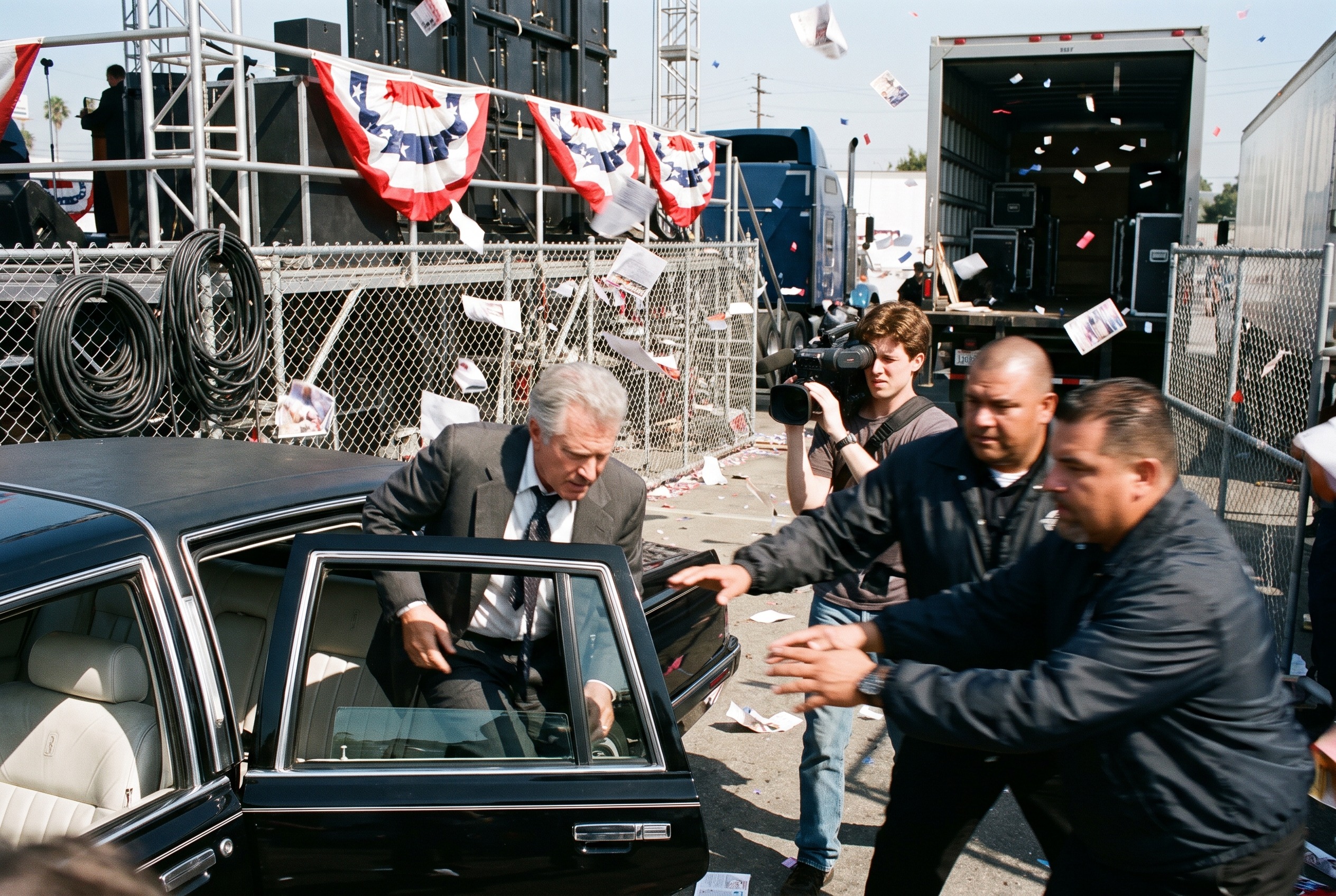 A grey-haired candidate in a suit is hustled into the back of a black limousine amid a storm of falling campaign flyers, a cameraman and security men closing in at a rally lot in daylight.