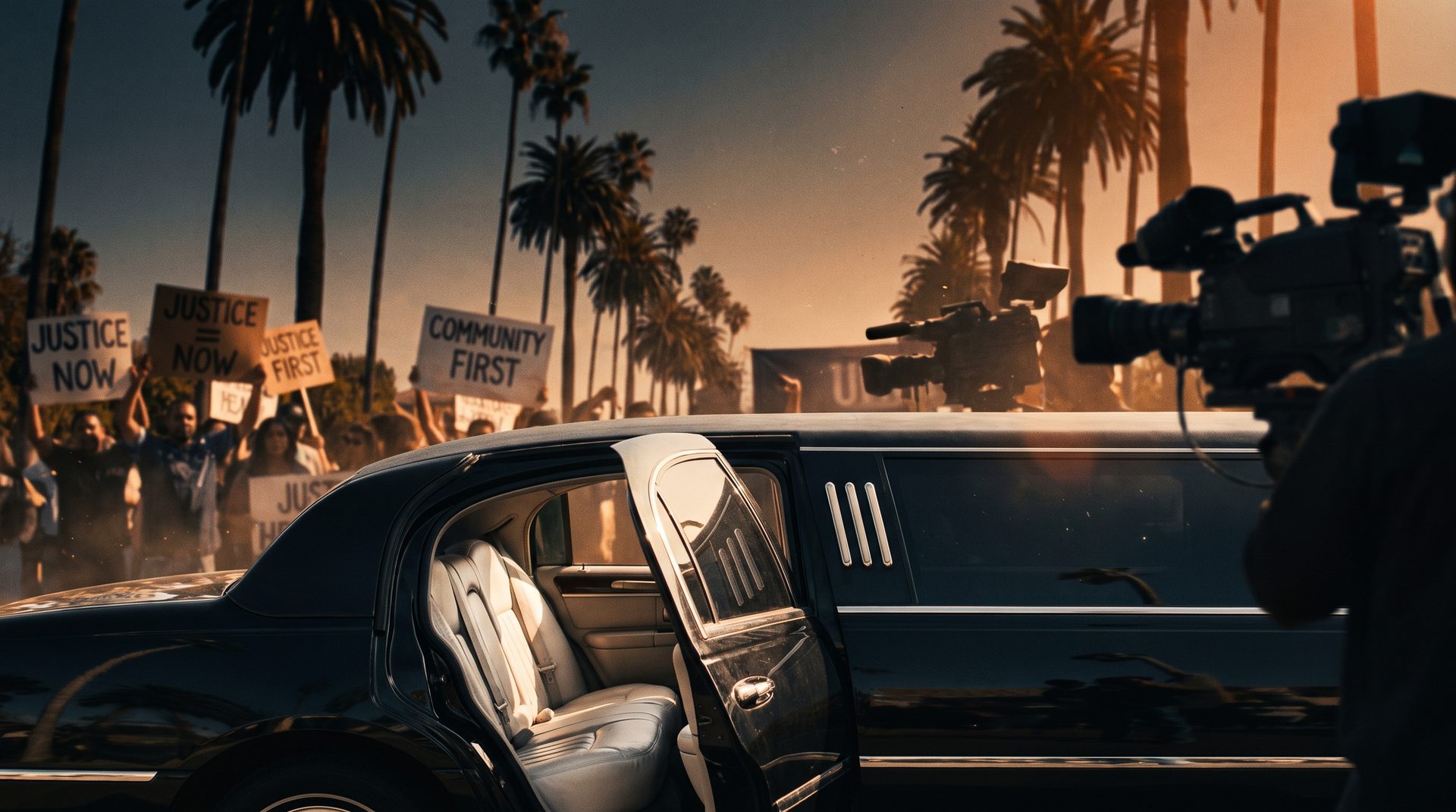 A political rally in harsh daylight; a black limousine door open on white leather. A development frame from L.A. Dolce Vita.