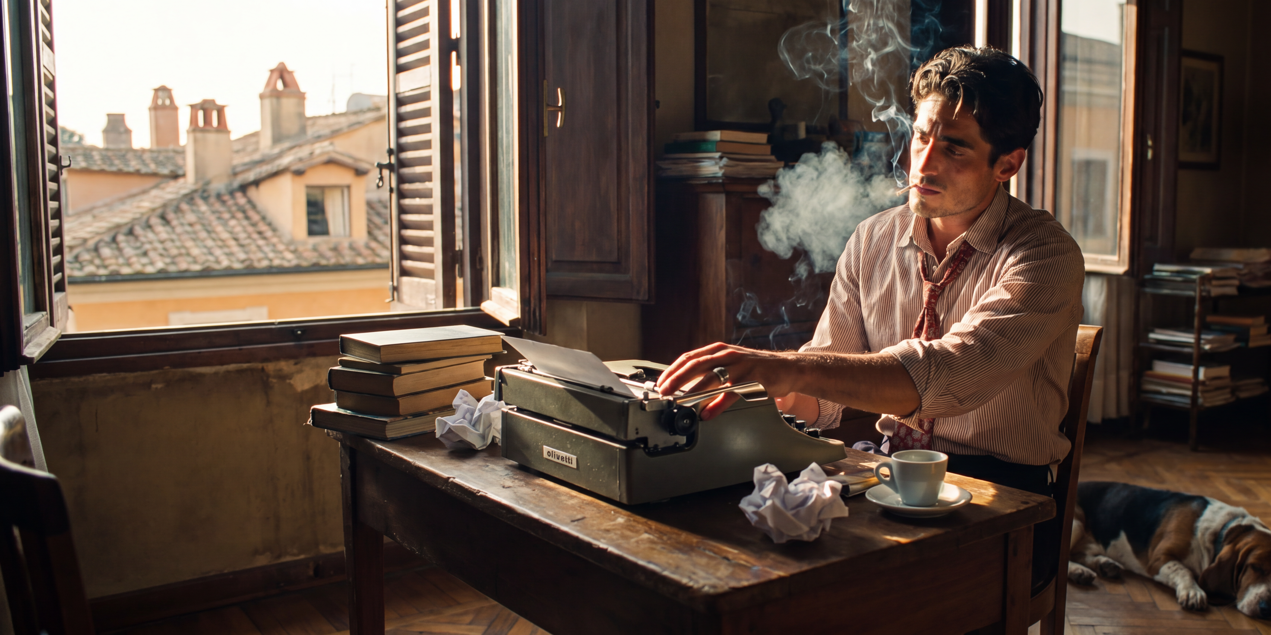 A writer at his desk in a sunlit high-ceilinged Roman apartment, shutters open onto rooftops, a typewriter and manuscript pages before him. A development frame from L.A. Dolce Vita.