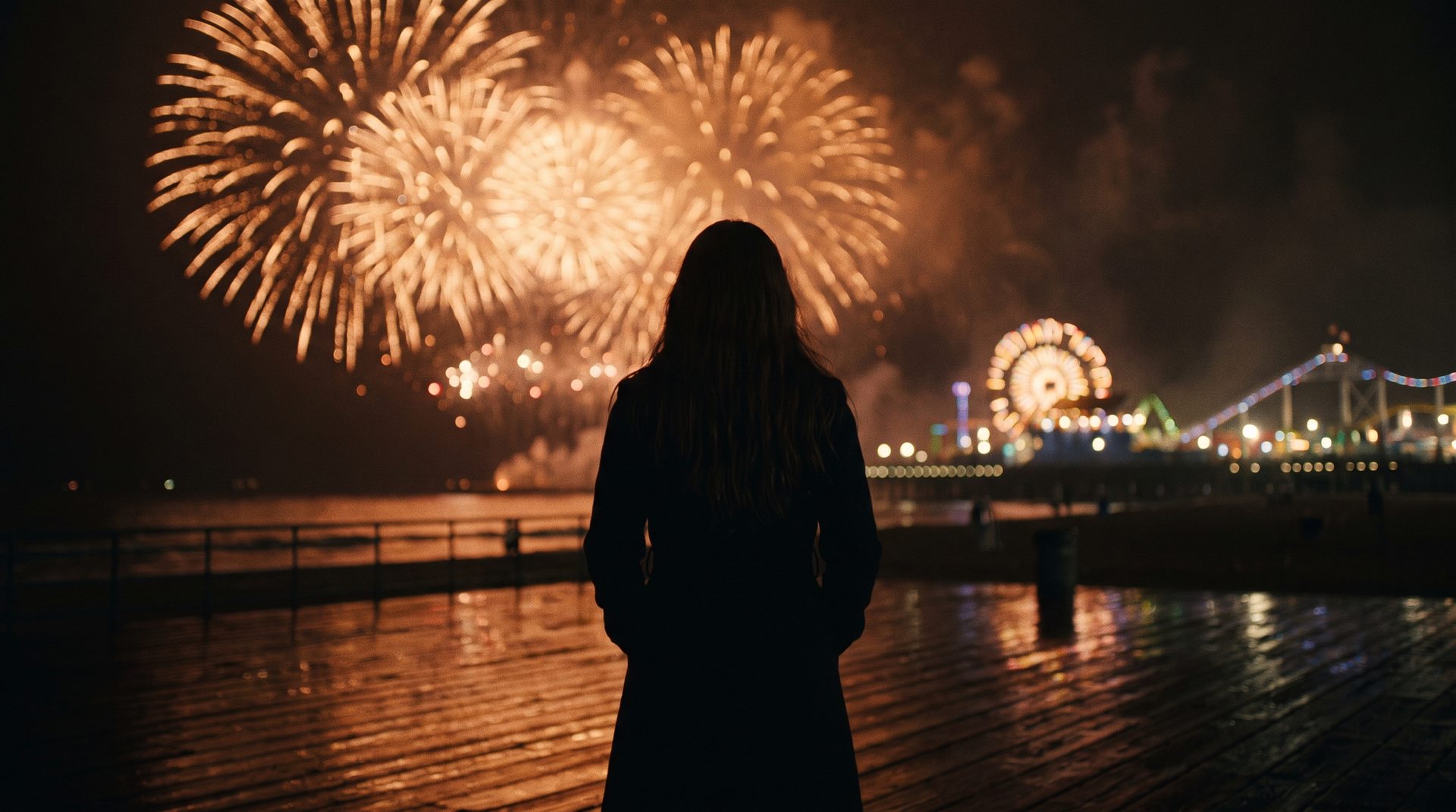 A woman alone on Santa Monica Pier at night, fireworks over the Pacific behind her. A development frame from L.A. Dolce Vita.