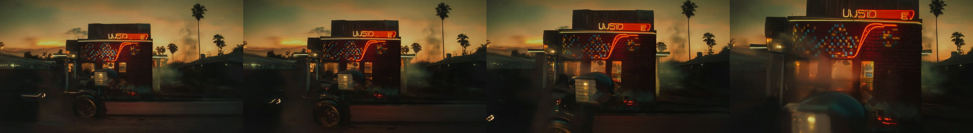 Four consecutive frames from a single generated motion test; a slow push toward a neon-lit desert diner at dusk.