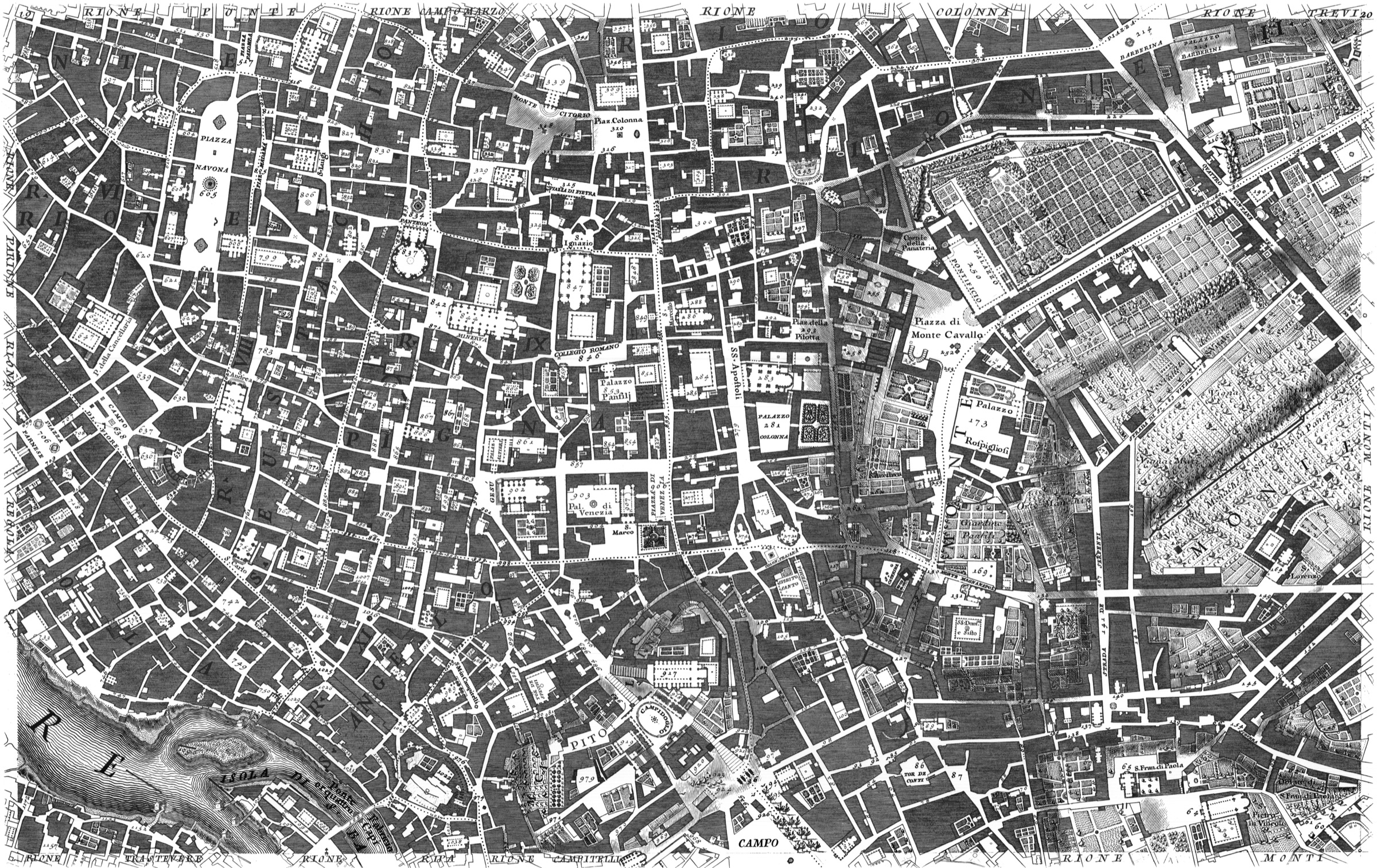 A sheet of Giambattista Nolli's 1748 engraved plan of Rome, the city rendered in figure-ground detail.