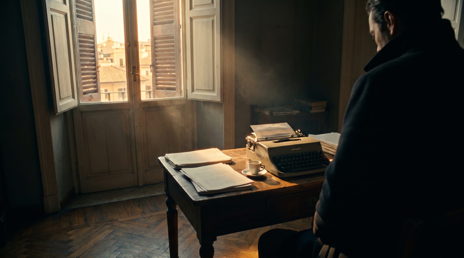 A writer at his desk in a sunlit high-ceilinged Roman apartment, shutters open onto rooftops, a typewriter and manuscript pages before him. A development frame from L.A. Dolce Vita.