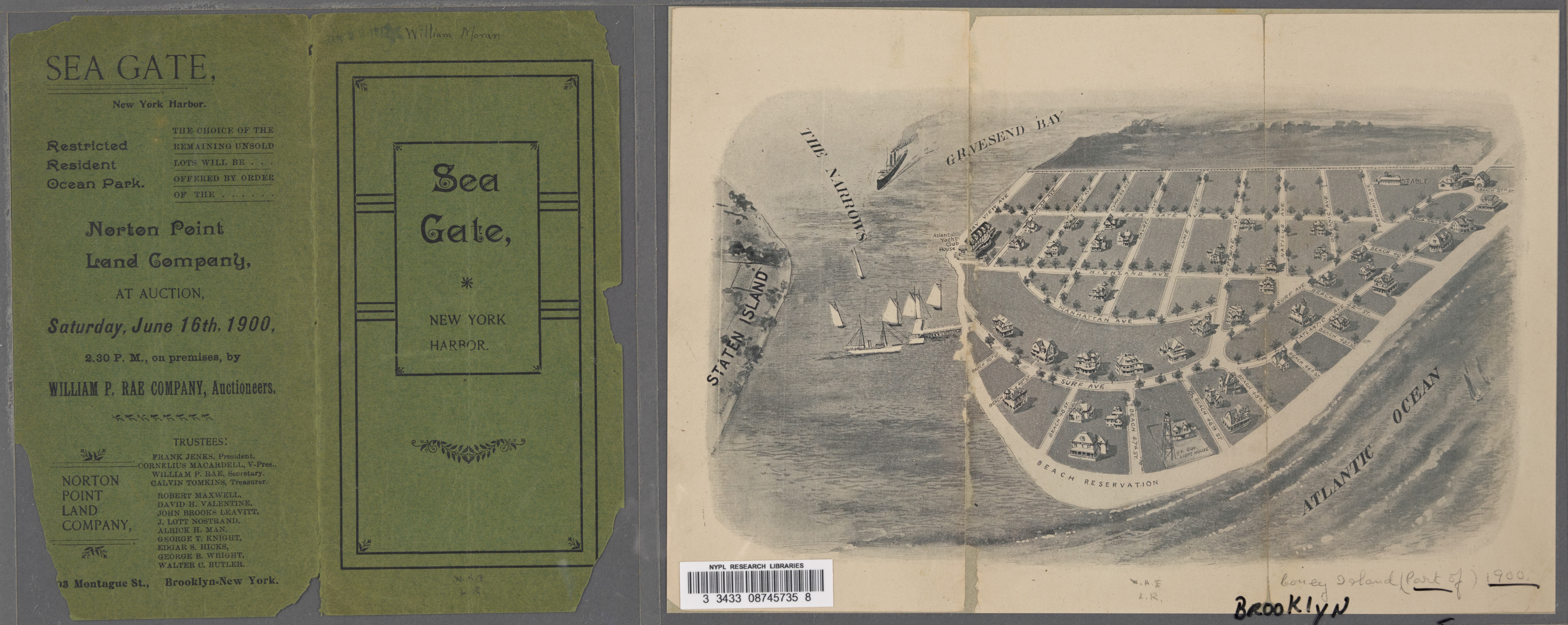 A public-domain 1900 auction brochure for Sea Gate, New York Harbor: its printed cover beside a bird's-eye lithograph mapping the Norton Point peninsula between The Narrows, Gravesend Bay and the Atlantic Ocean.