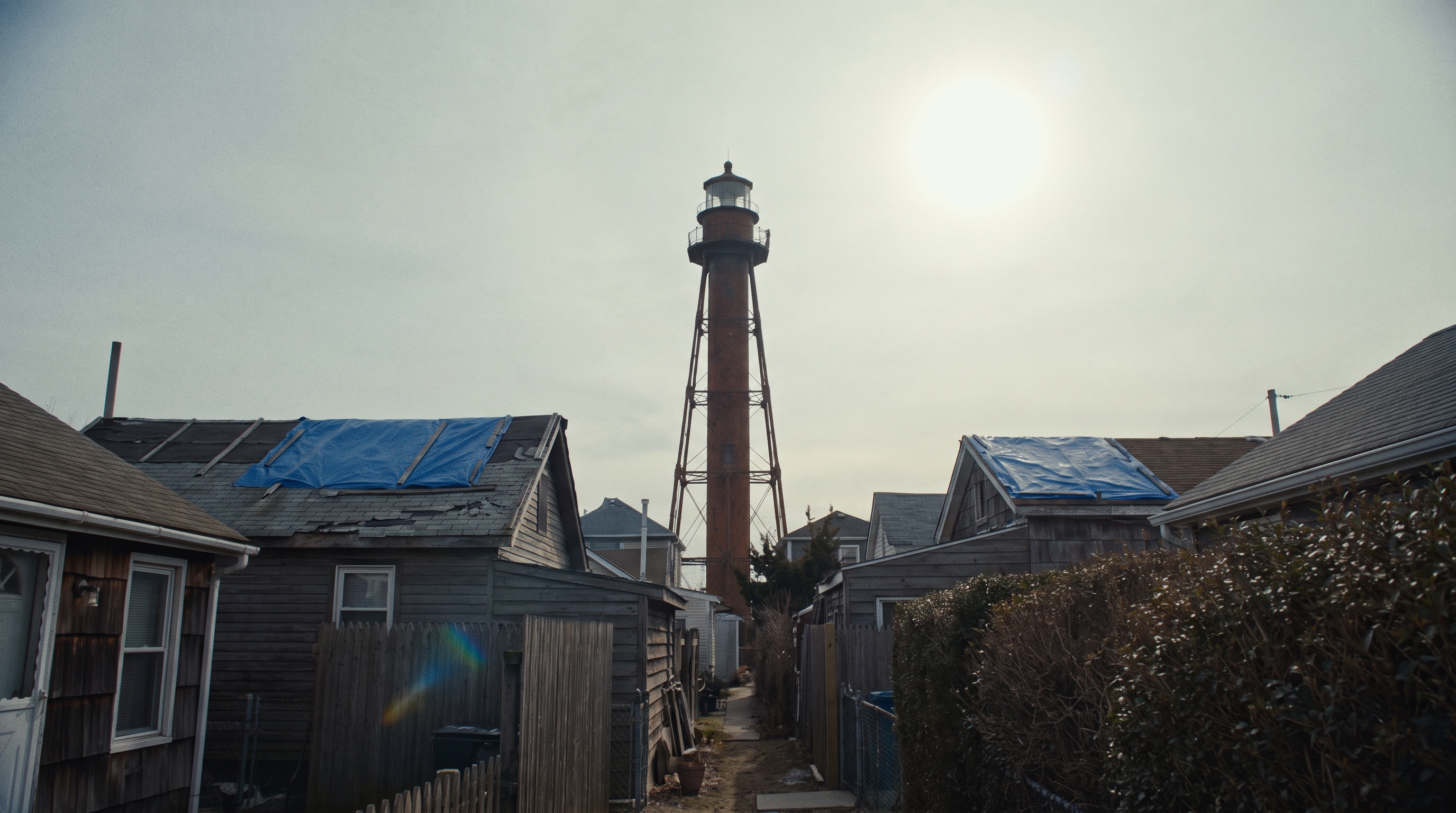 The Coney Island lighthouse rises on its iron frame behind a row of weathered wooden beach bungalows with blue-tarped roofs at Sea Gate, a pale winter sun overhead.